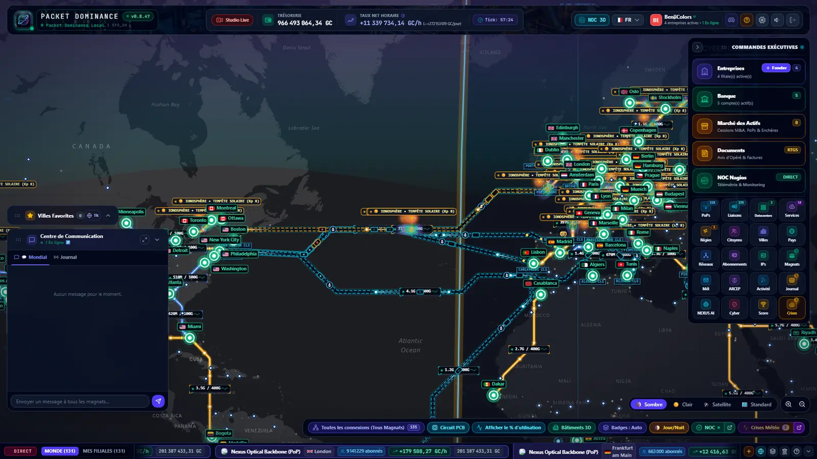 Carte du jeu : corridor de câbles entre l'Amérique du Nord, l'Europe et l'Afrique